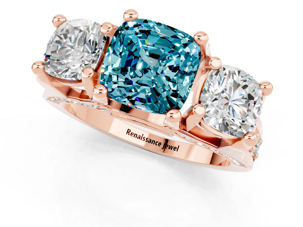 Rose gold Cushion Cut Blue Topaz Three-Stone Ring with Channel Set Band and Four-Prong Setting