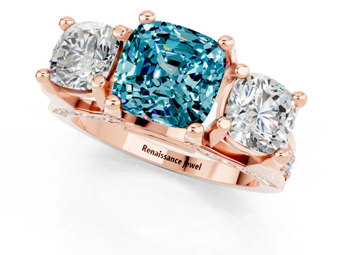 Rose gold Cushion Cut Blue Topaz Three-Stone Ring with Channel Set Band and Four-Prong Setting_1