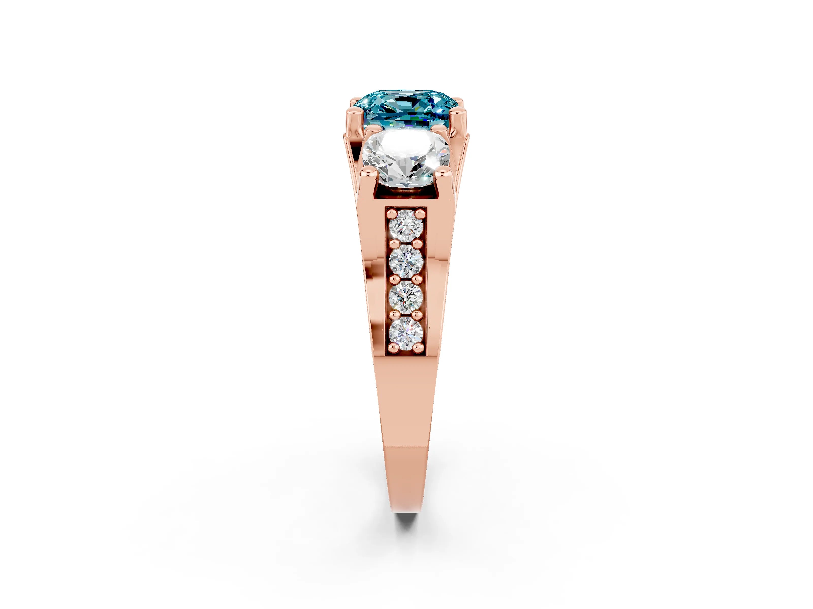 Rose gold Cushion Cut Blue Topaz Three-Stone Ring with Channel Set Band and Four-Prong Setting_2