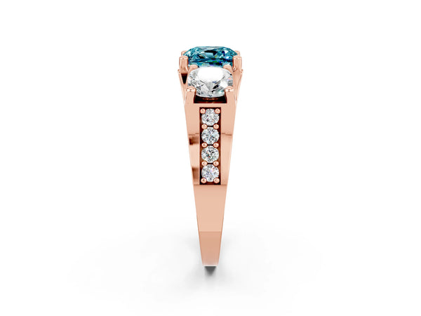 Rose gold Cushion Cut Blue Topaz Three-Stone Ring with Channel Set Band and Four-Prong Setting