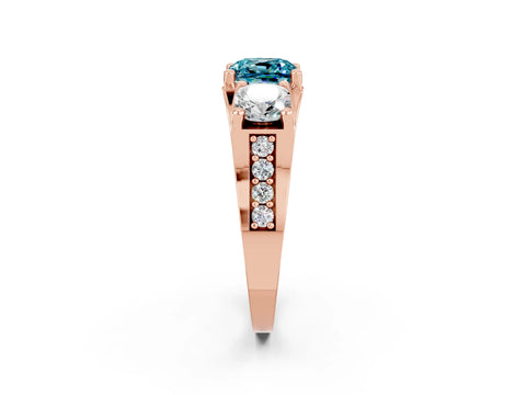 Rose gold Cushion Cut Blue Topaz Three-Stone Ring with Channel Set Band and Four-Prong Setting_2