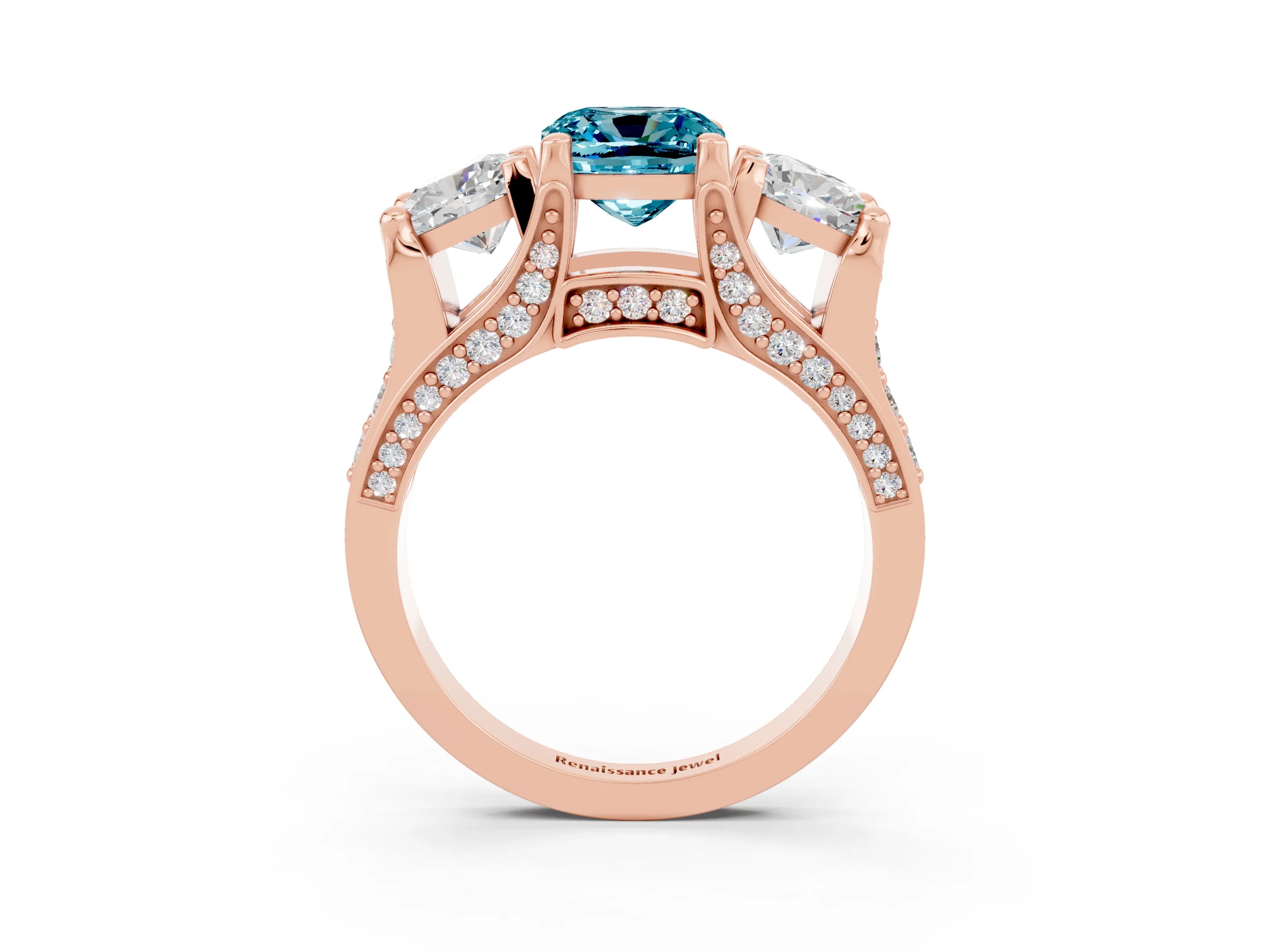 Rose gold Cushion Cut Blue Topaz Three-Stone Ring with Channel Set Band and Four-Prong Setting_3