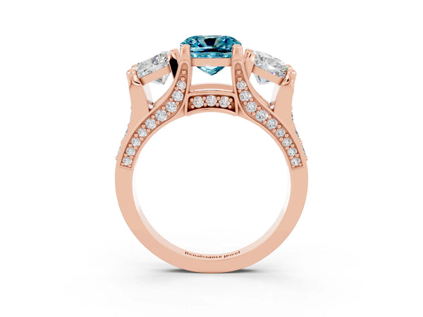 Rose gold Cushion Cut Blue Topaz Three-Stone Ring with Channel Set Band and Four-Prong Setting