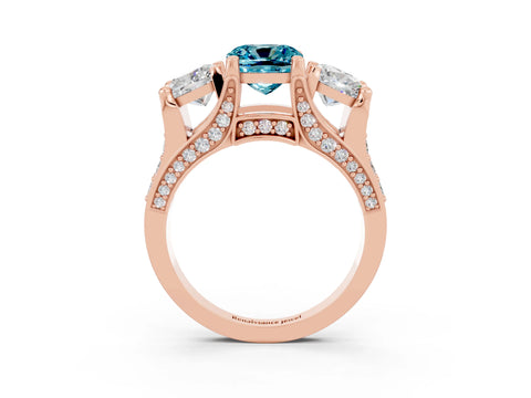 Rose gold Cushion Cut Blue Topaz Three-Stone Ring with Channel Set Band and Four-Prong Setting_3