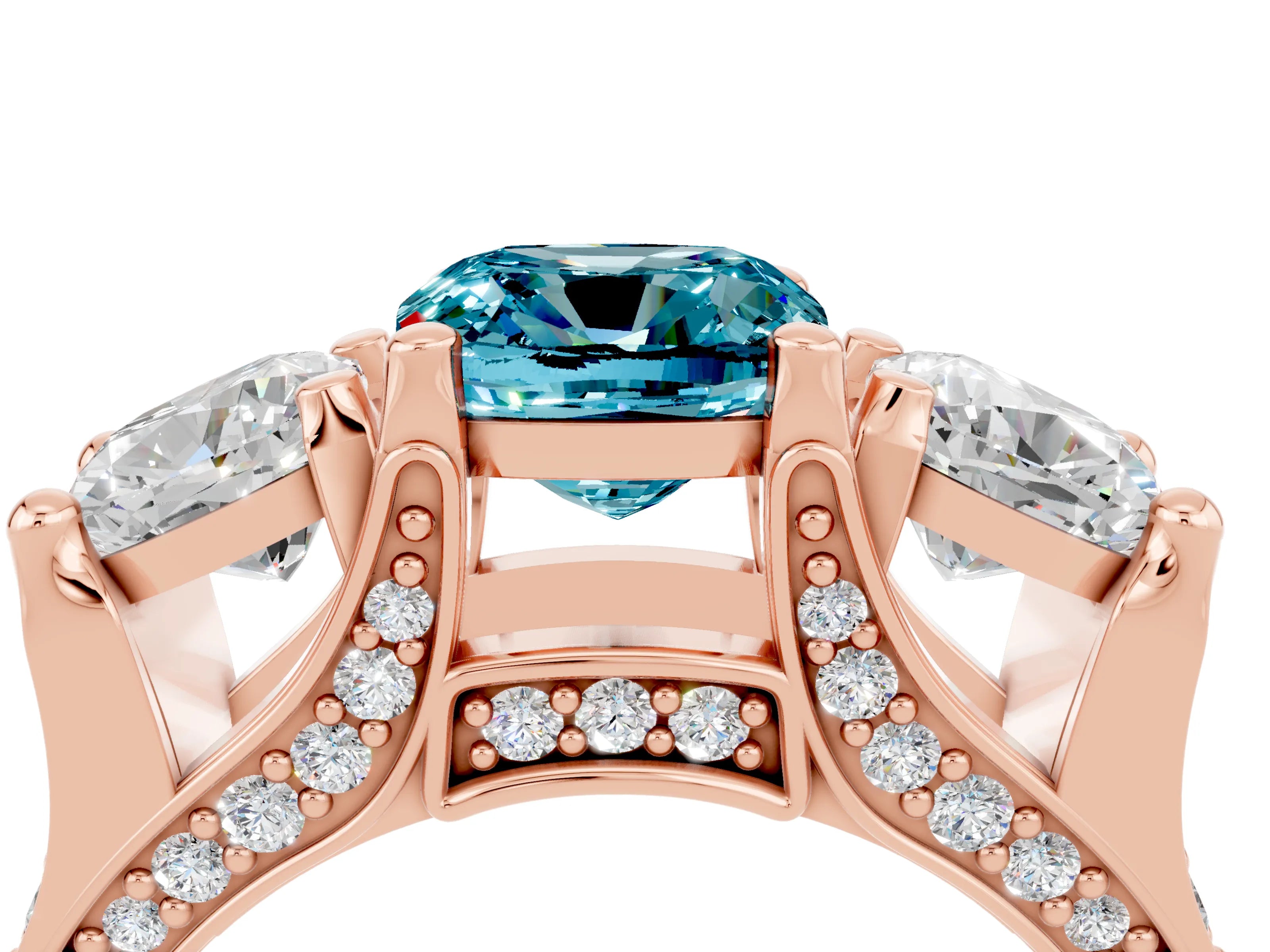 Rose gold Cushion Cut Blue Topaz Three-Stone Ring with Channel Set Band and Four-Prong Setting_4