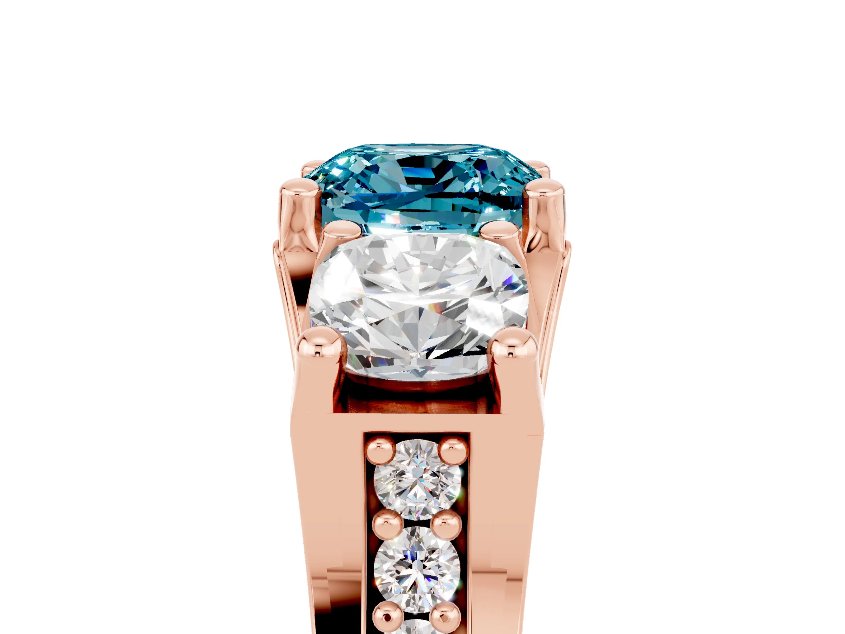 Rose gold Cushion Cut Blue Topaz Three-Stone Ring with Channel Set Band and Four-Prong Setting_5