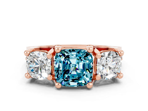 Rose gold Cushion Cut Blue Topaz Three-Stone Ring with Channel Set Band and Four-Prong Setting