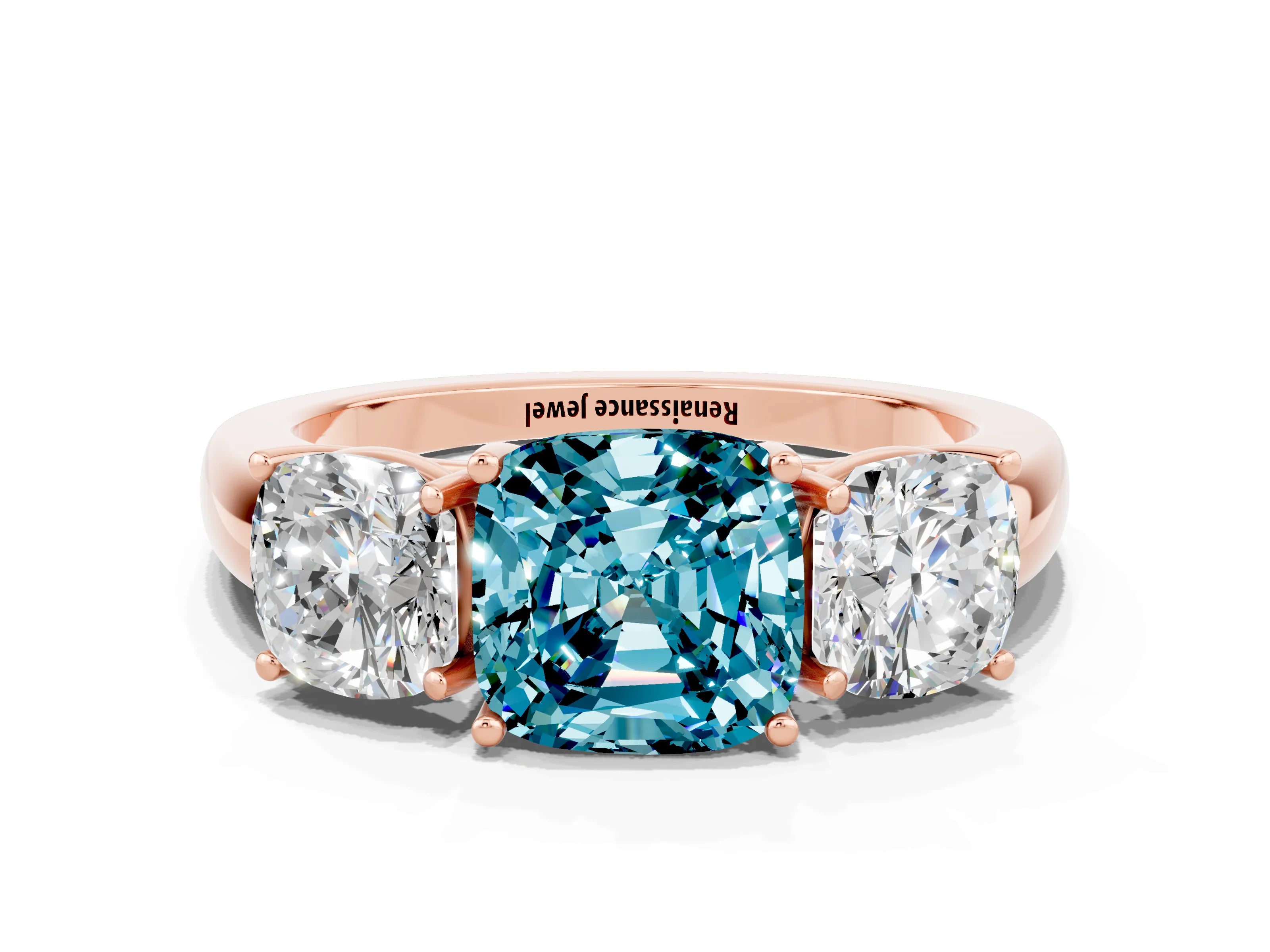 Rose gold Cushion Cut Blue Topaz Three-Stone Ring with Four-Prong Setting and Classic Band