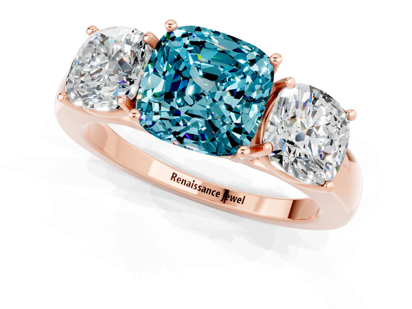 Rose gold Cushion Cut Blue Topaz Three-Stone Ring with Four-Prong Setting and Classic Band