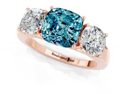 Rose gold Cushion Cut Blue Topaz Three-Stone Ring with Four-Prong Setting and Classic Band_1