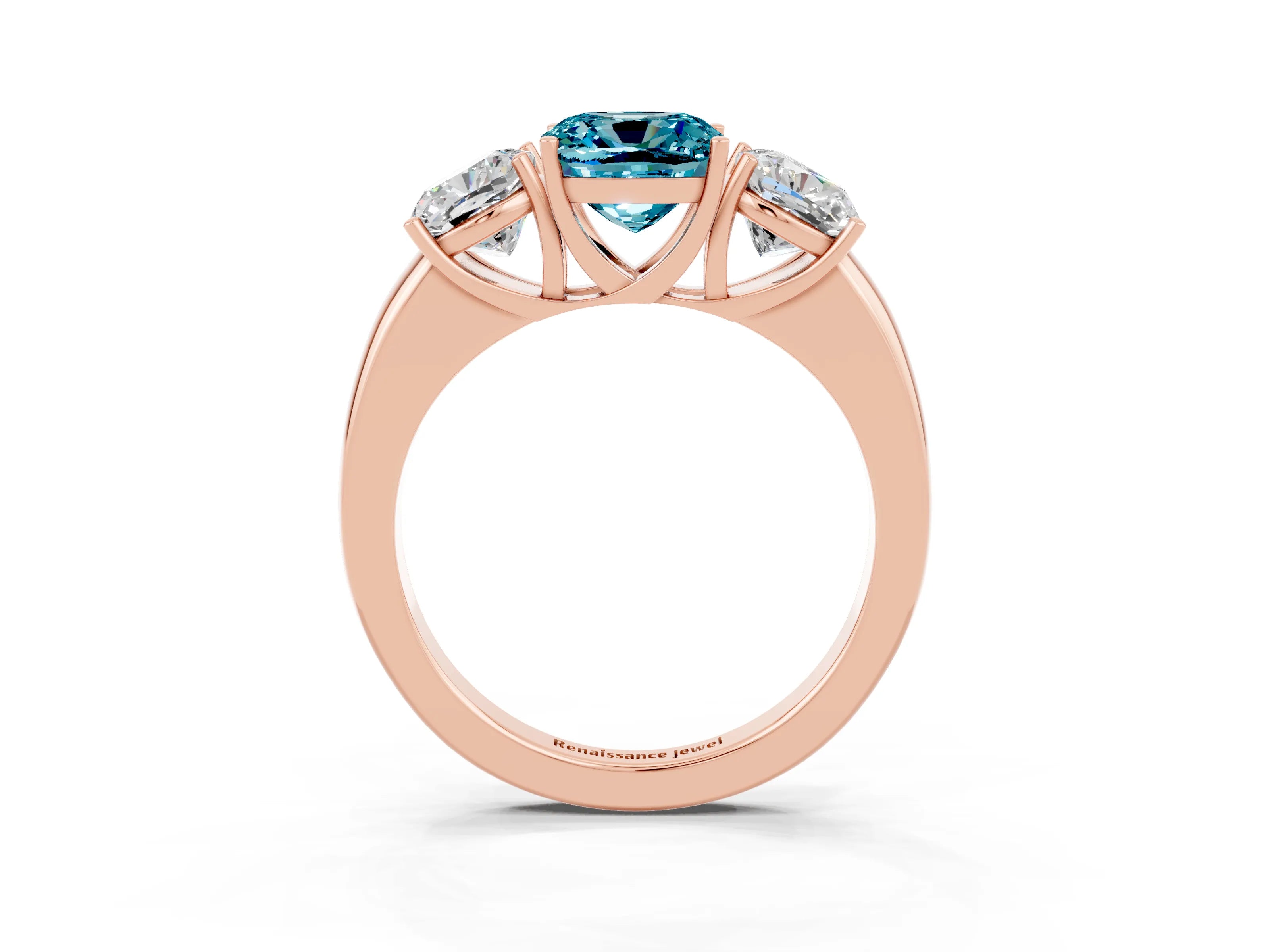 Rose gold Cushion Cut Blue Topaz Three-Stone Ring with Four-Prong Setting and Classic Band_3
