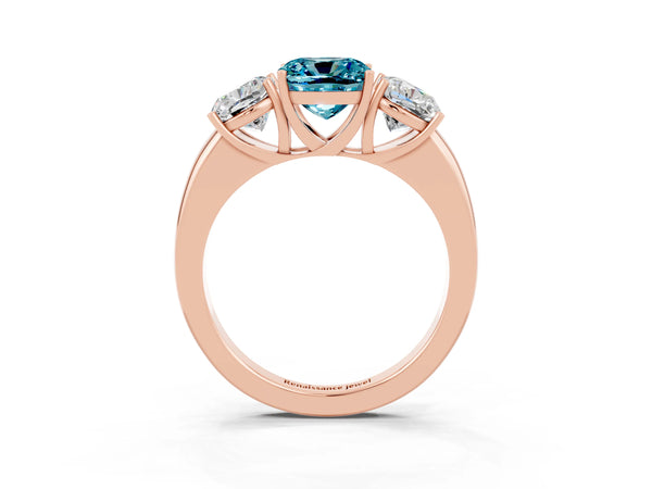 Rose gold Cushion Cut Blue Topaz Three-Stone Ring with Four-Prong Setting and Classic Band