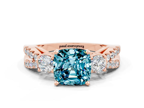 Rose gold Cushion Cut Blue Topaz Three-Stone Ring with Pavé Split Shank and Four-Prong Setting_24