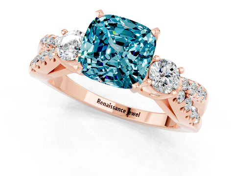 Rose gold Cushion Cut Blue Topaz Three-Stone Ring with Pavé Split Shank and Four-Prong Setting_25