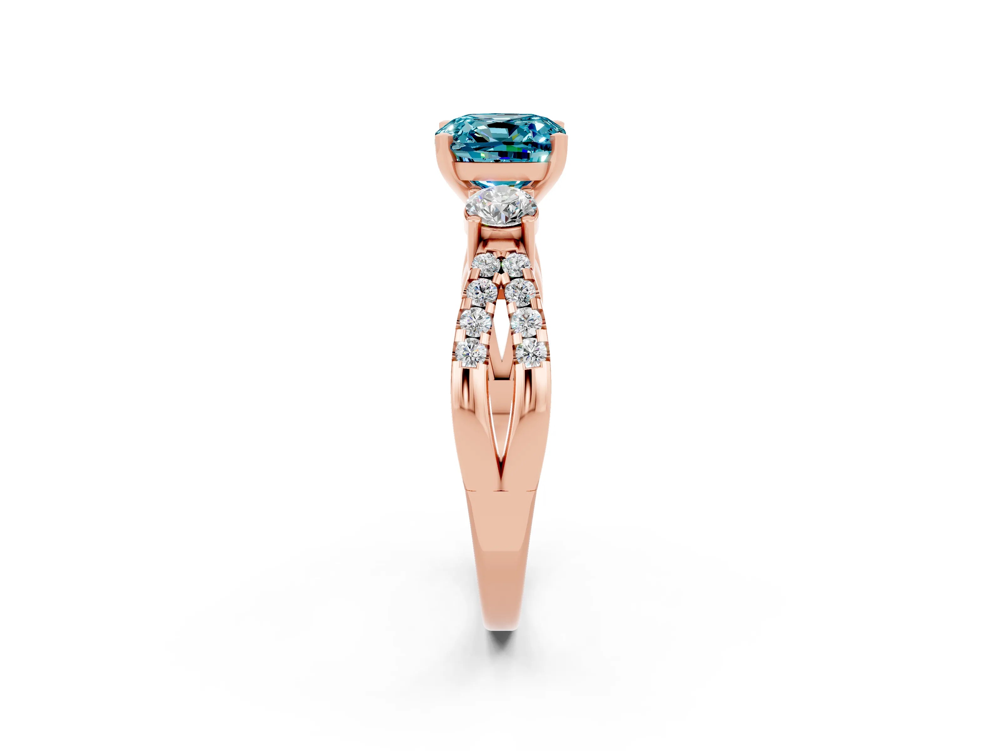 Rose gold Cushion Cut Blue Topaz Three-Stone Ring with Pavé Split Shank and Four-Prong Setting_26