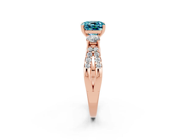 Rose gold Cushion Cut Blue Topaz Three-Stone Ring with Pavé Split Shank and Four-Prong Setting