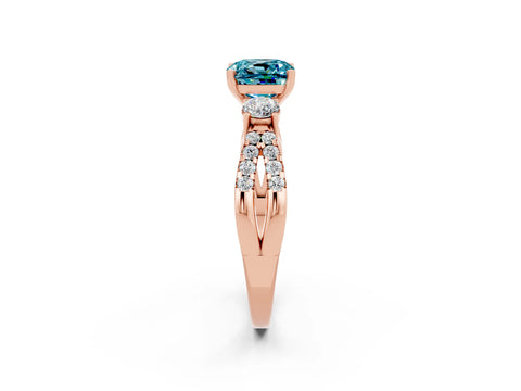 Rose gold Cushion Cut Blue Topaz Three-Stone Ring with Pavé Split Shank and Four-Prong Setting_26