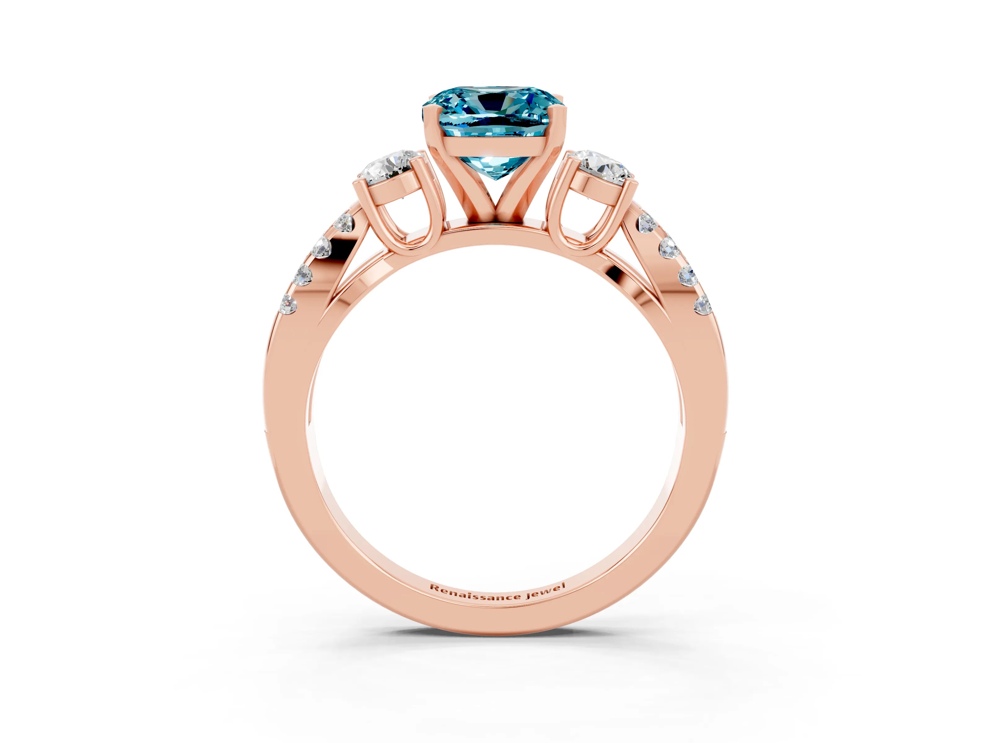 Rose gold Cushion Cut Blue Topaz Three-Stone Ring with Pavé Split Shank and Four-Prong Setting_27