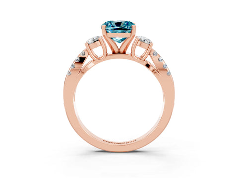 Rose gold Cushion Cut Blue Topaz Three-Stone Ring with Pavé Split Shank and Four-Prong Setting_27