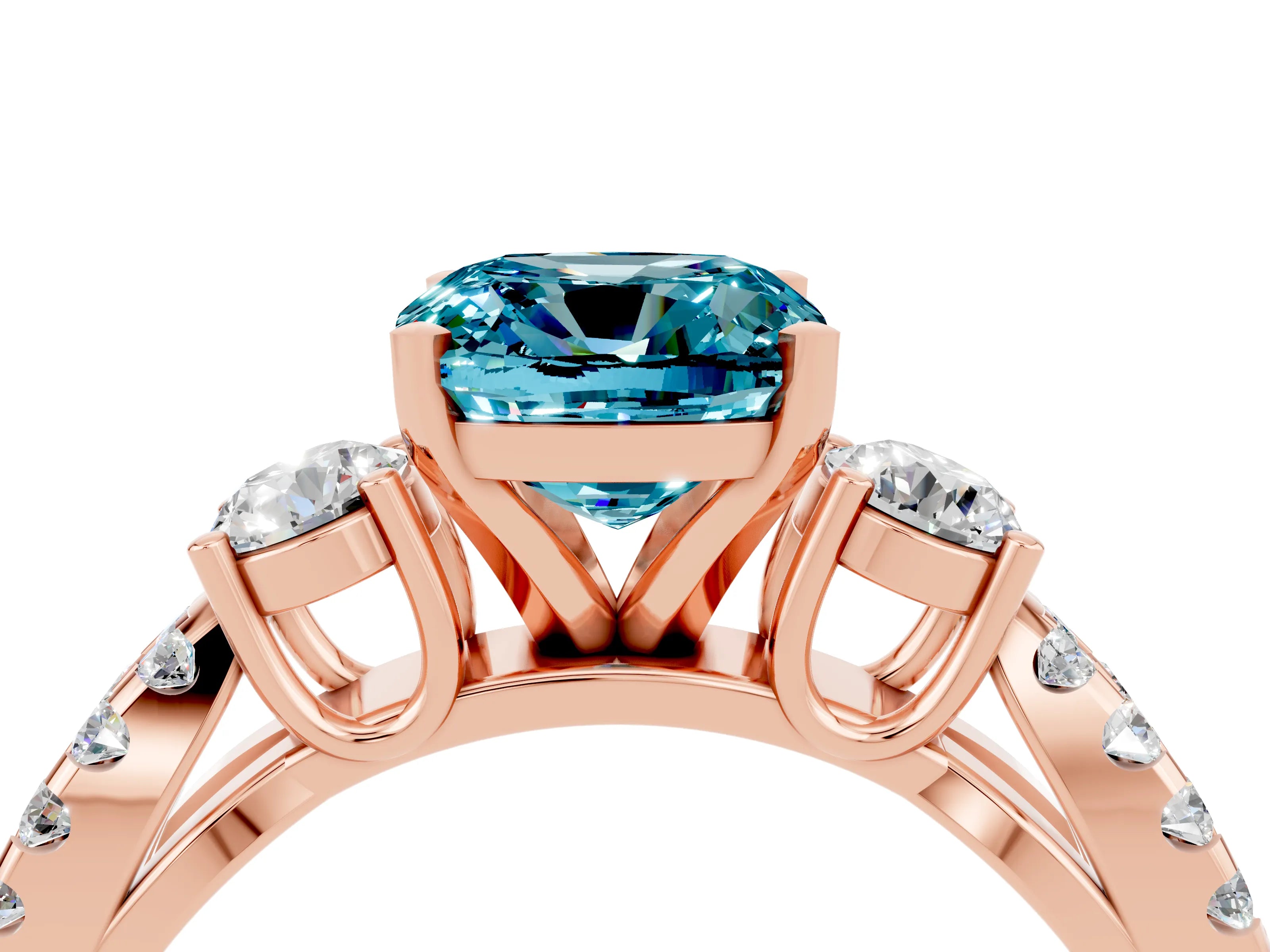 Rose gold Cushion Cut Blue Topaz Three-Stone Ring with Pavé Split Shank and Four-Prong Setting_28