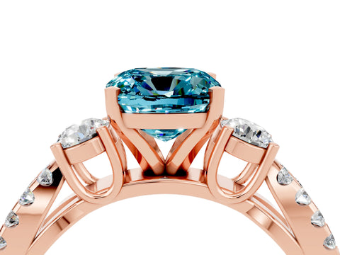 Rose gold Cushion Cut Blue Topaz Three-Stone Ring with Pavé Split Shank and Four-Prong Setting_28