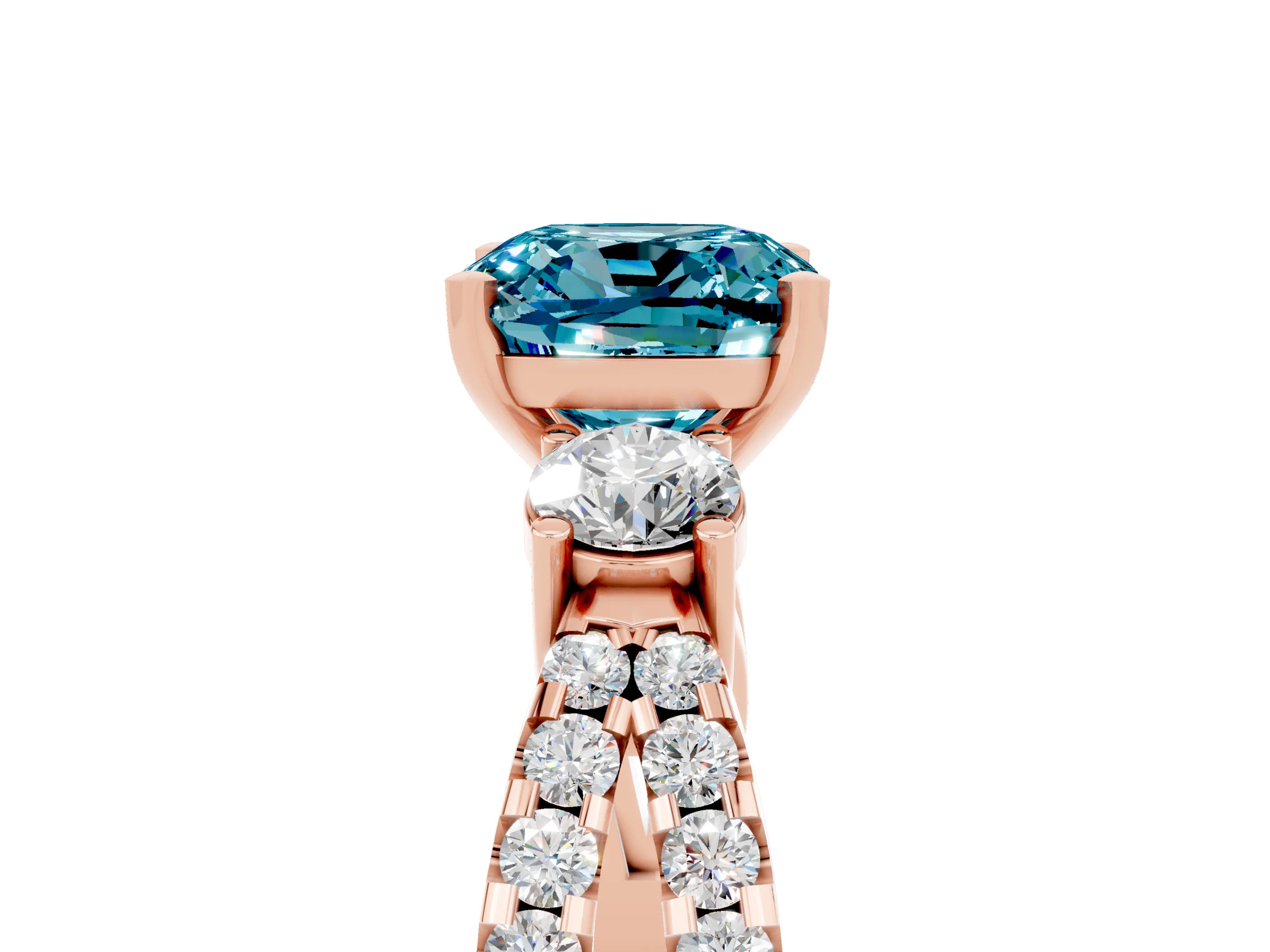 Rose gold Cushion Cut Blue Topaz Three-Stone Ring with Pavé Split Shank and Four-Prong Setting_29