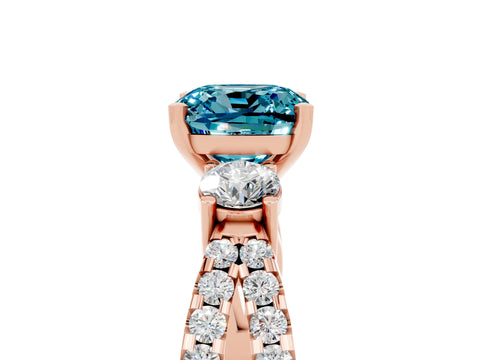 Rose gold Cushion Cut Blue Topaz Three-Stone Ring with Pavé Split Shank and Four-Prong Setting_29