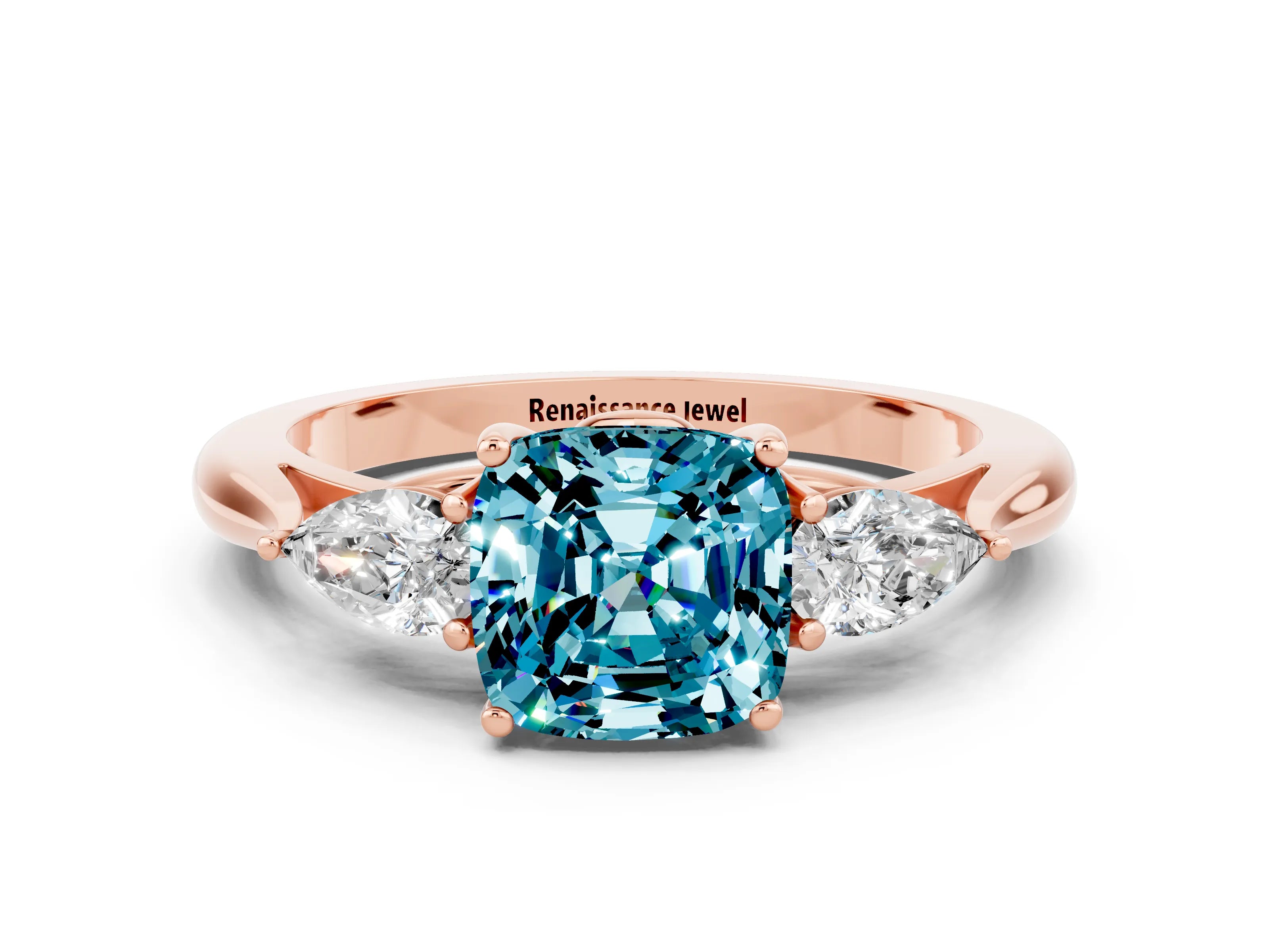 Rose gold Cushion Cut Blue Topaz Three-Stone Ring with Pear Side Stones and Four-Prong Setting_12