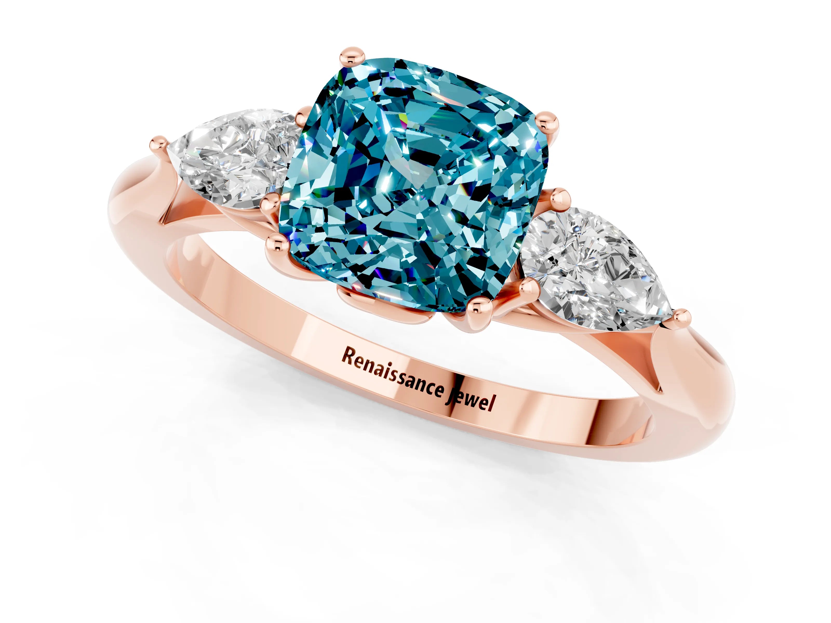 Rose gold Cushion Cut Blue Topaz Three-Stone Ring with Pear Side Stones and Four-Prong Setting_13