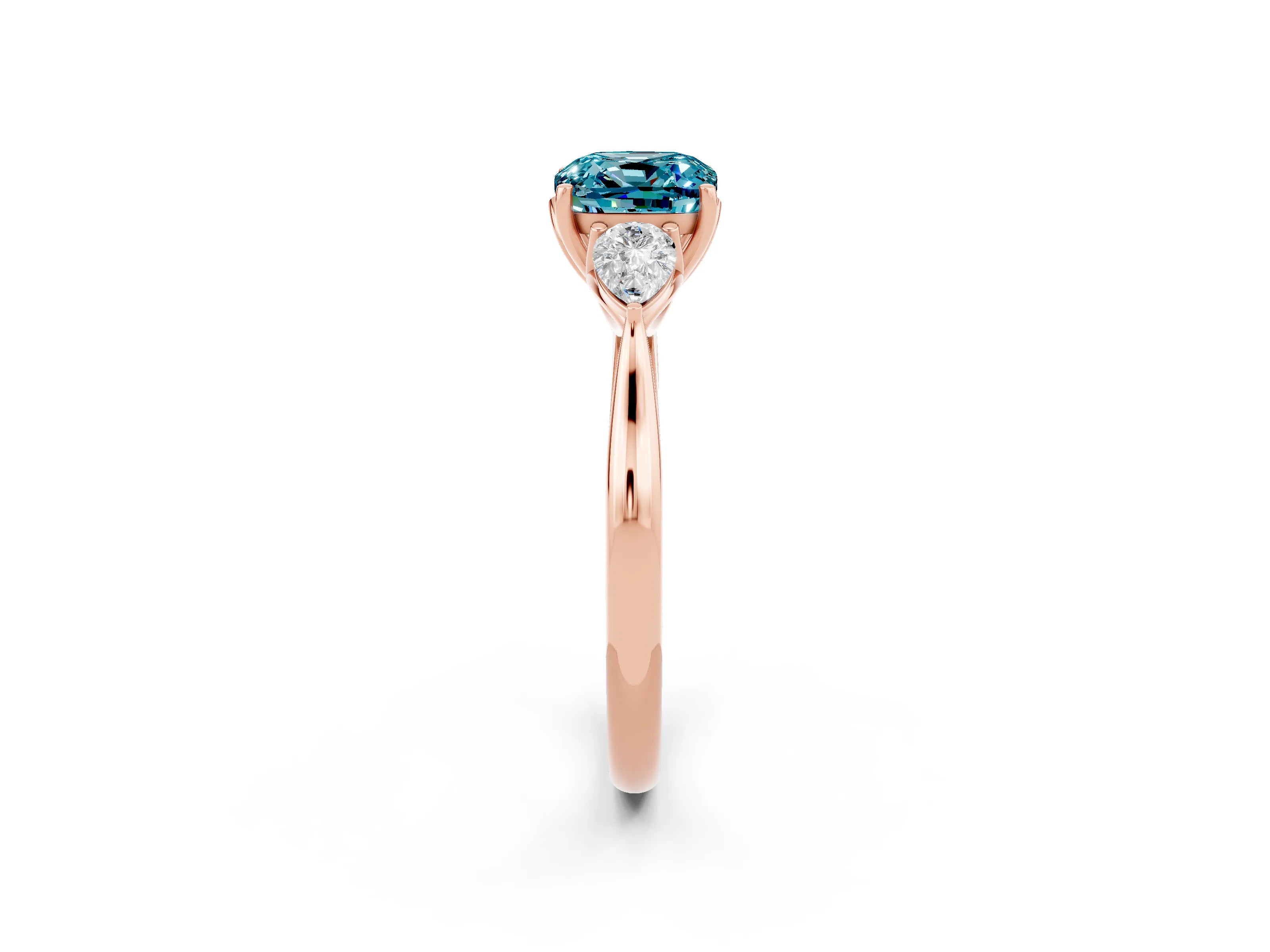 Rose gold Cushion Cut Blue Topaz Three-Stone Ring with Pear Side Stones and Four-Prong Setting_14