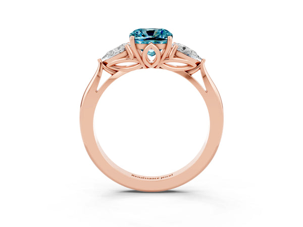 Rose gold Cushion Cut Blue Topaz Three-Stone Ring with Pear  Side Stones and Prong Setting