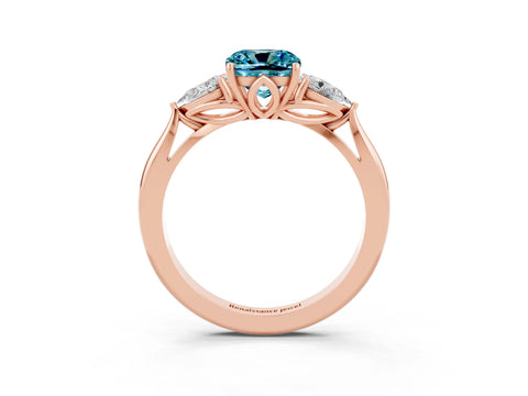 Rose gold Cushion Cut Blue Topaz Three-Stone Ring with Pear Side Stones and Four-Prong Setting_15