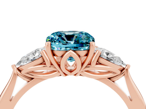 Rose gold Cushion Cut Blue Topaz Three-Stone Ring with Pear Side Stones and Four-Prong Setting_16