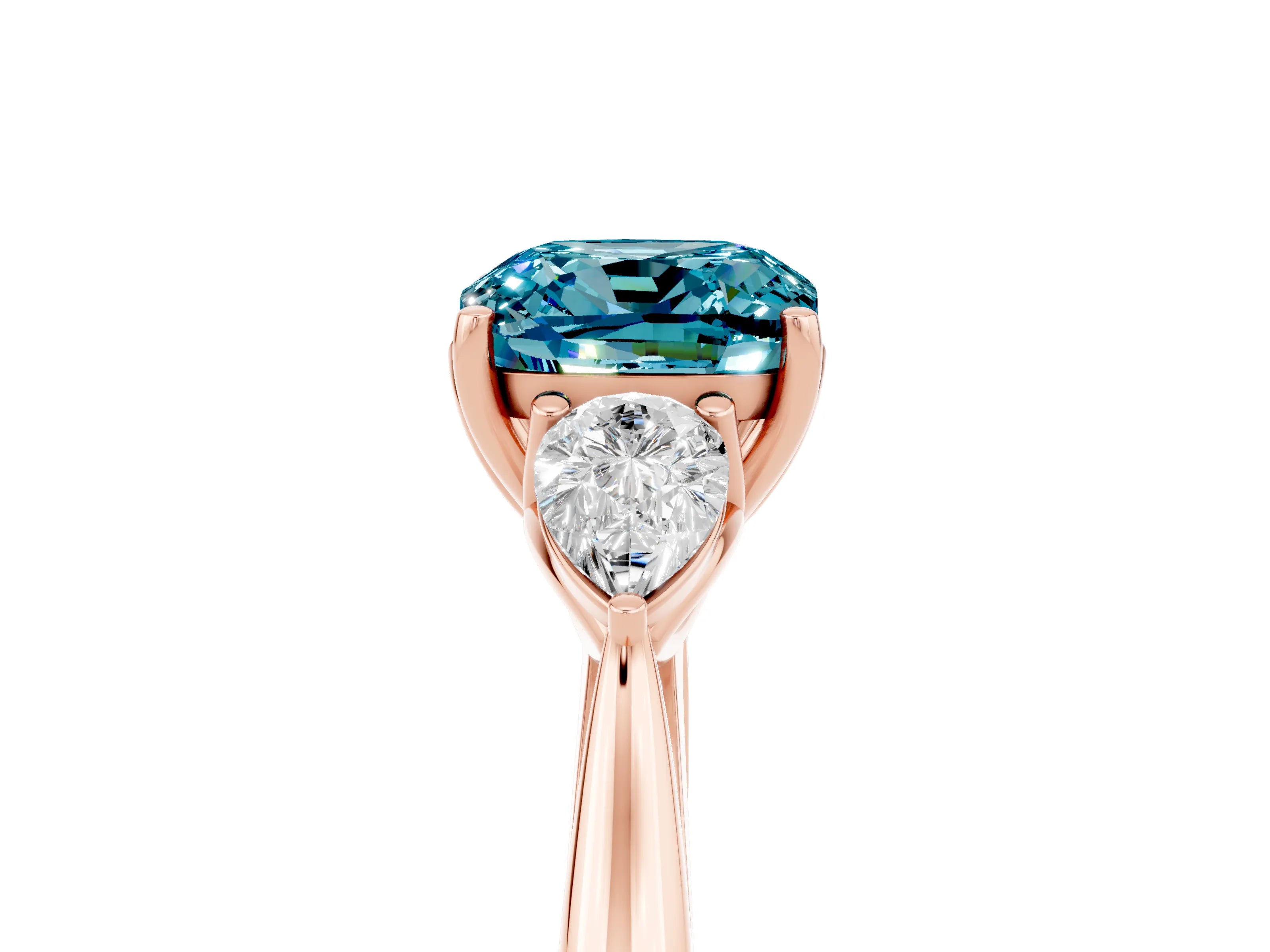 Rose gold Cushion Cut Blue Topaz Three-Stone Ring with Pear Side Stones and Four-Prong Setting_17