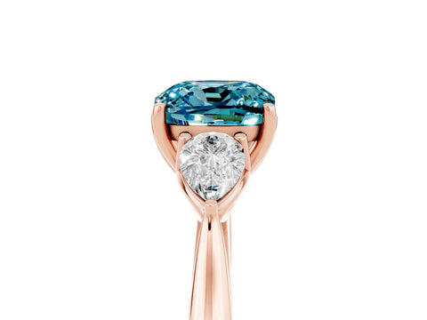Rose gold Cushion Cut Blue Topaz Three-Stone Ring with Pear Side Stones and Four-Prong Setting_17
