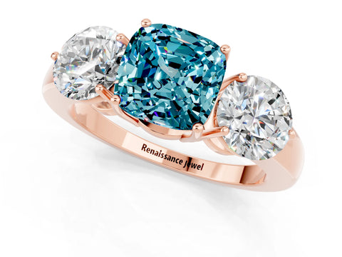 Rose gold Cushion Cut Blue Topaz Three-Stone Ring with Prong Setting and Classic Band_1