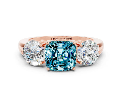 Rose gold Cushion Cut Blue Topaz Three-Stone Ring with Prong Setting and Classic Band