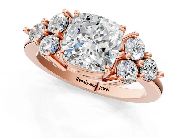 Rose gold Cushion Cut Brilliant Diamond Cluster Accent Solitaire Ring with Prong Setting