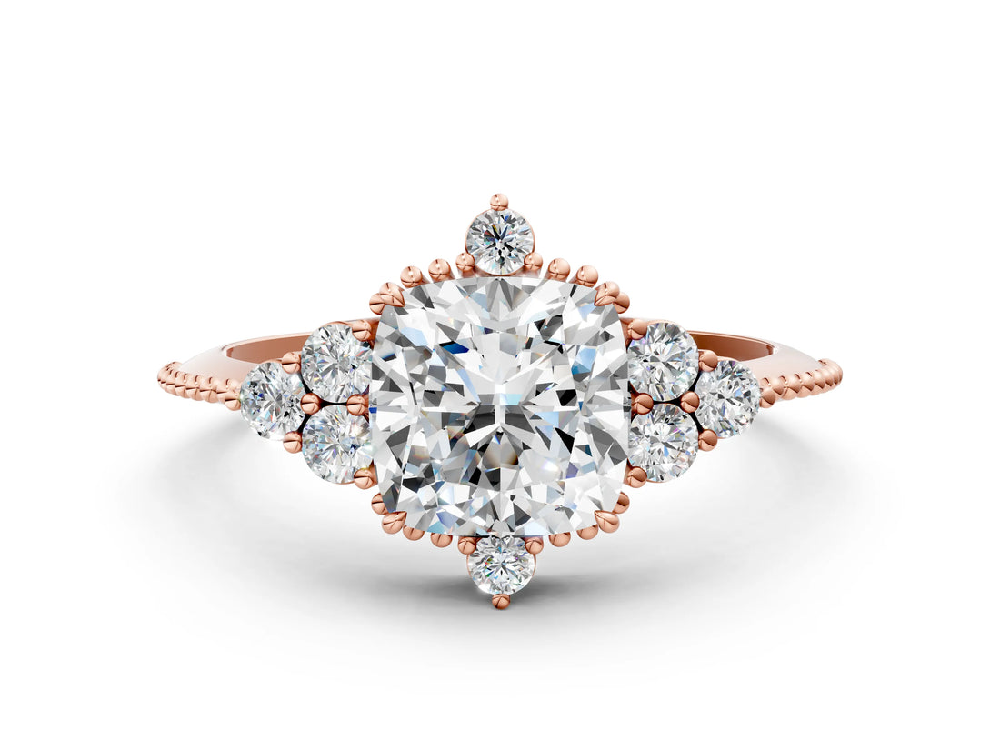 Rose gold Cushion Cut Brilliant Diamond with Cluster Setting on a Beaded Band and Four-Prong Setting_15