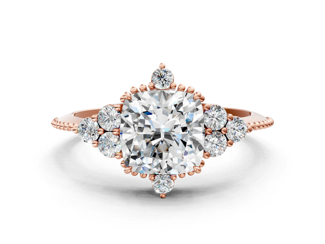 Rose gold Cushion Cut Brilliant Diamond with Cluster Setting on a Beaded Band and Four-Prong Setting_3