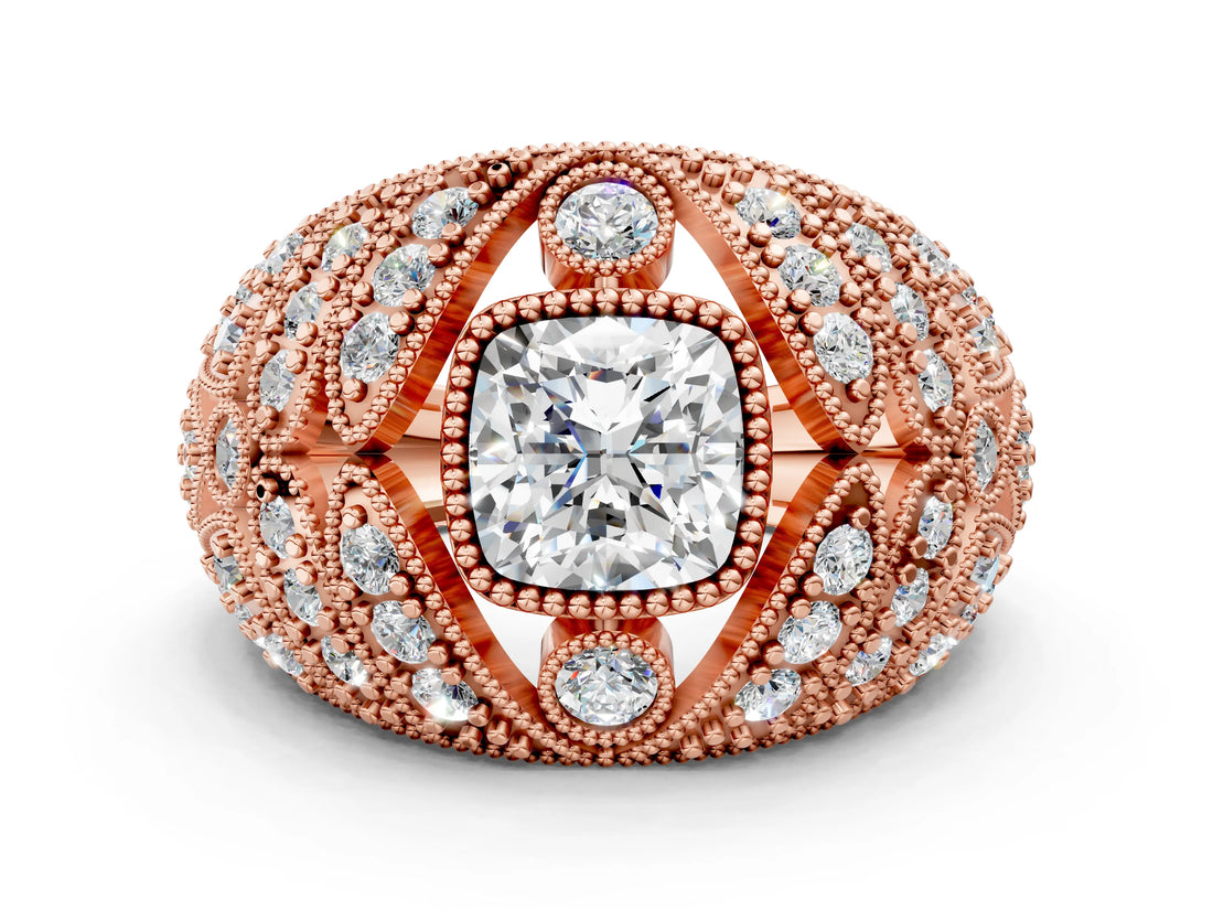 Rose gold Cushion Cut Brilliant Halo Pave Diamond Milgrain Ring_9