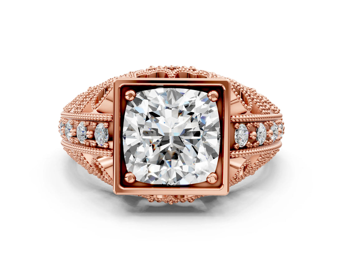 Rose gold Cushion Cut Brilliant Milgrain Filigree Diamond Ring with Square Prong Setting_13