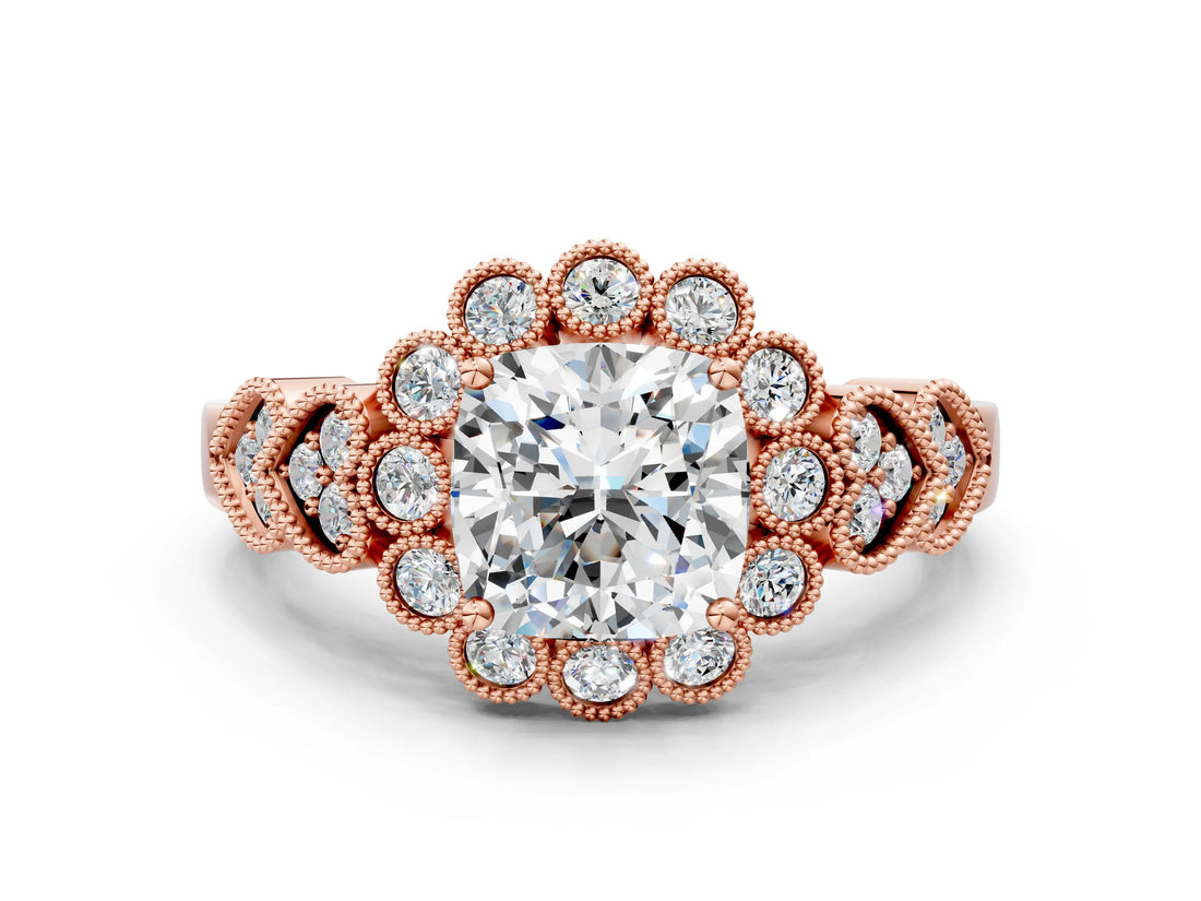 Rose gold Cushion Cut Brilliant Milgrain Pave Heart Band Solitaire Ring_3