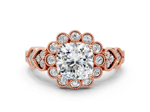 Rose gold Cushion Cut Brilliant Milgrain Pave Heart Band Solitaire Ring