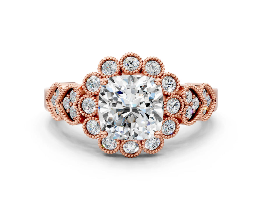 Rose gold Cushion Cut Brilliant Milgrain Pave Heart Band Solitaire Ring