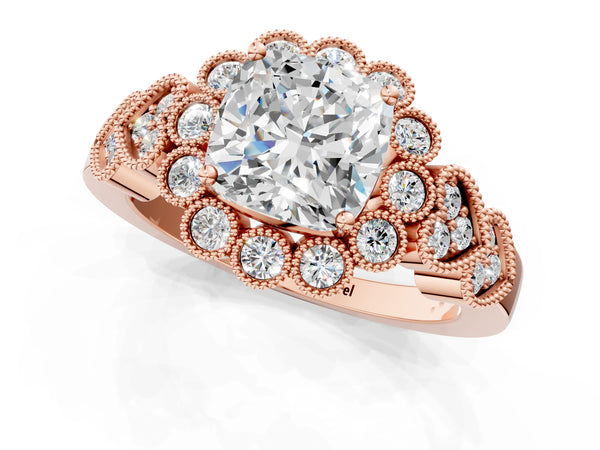 Rose gold Cushion Cut Brilliant Milgrain Pave Heart Band Solitaire Ring