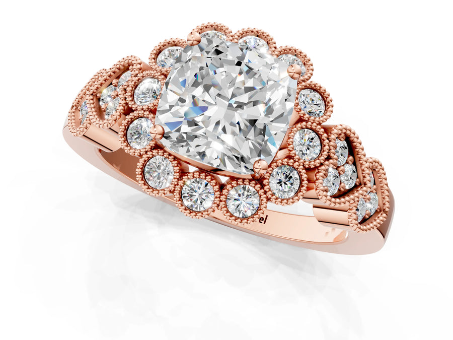 Rose gold Cushion Cut Brilliant Milgrain Pave Heart Band Solitaire Ring