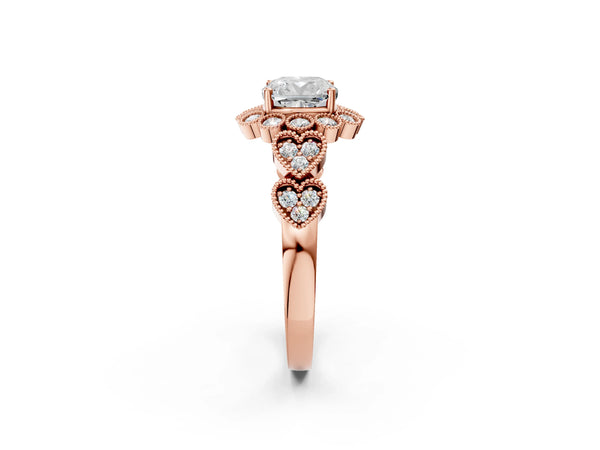 Rose gold Cushion Cut Brilliant Milgrain Pave Heart Band Solitaire Ring
