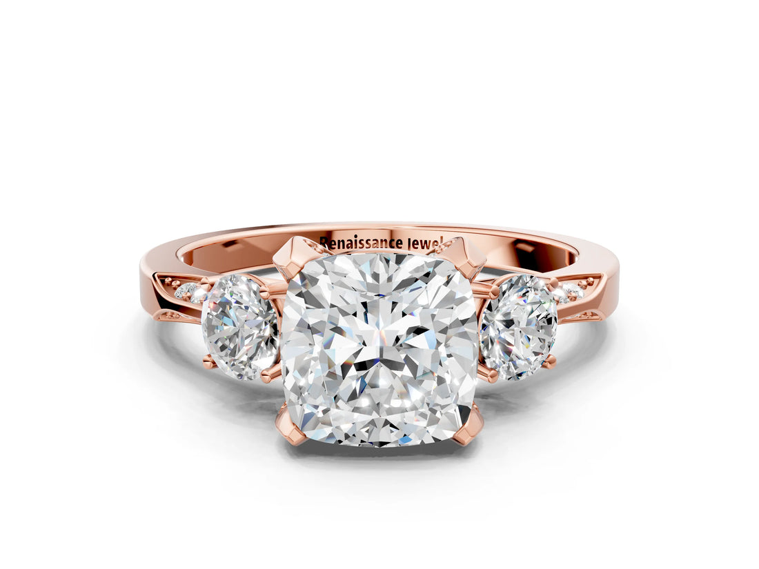 Rose gold Cushion Cut Brilliant Three-Stone Diamond Ring with Pavé Band and Four-Prong Setting_3