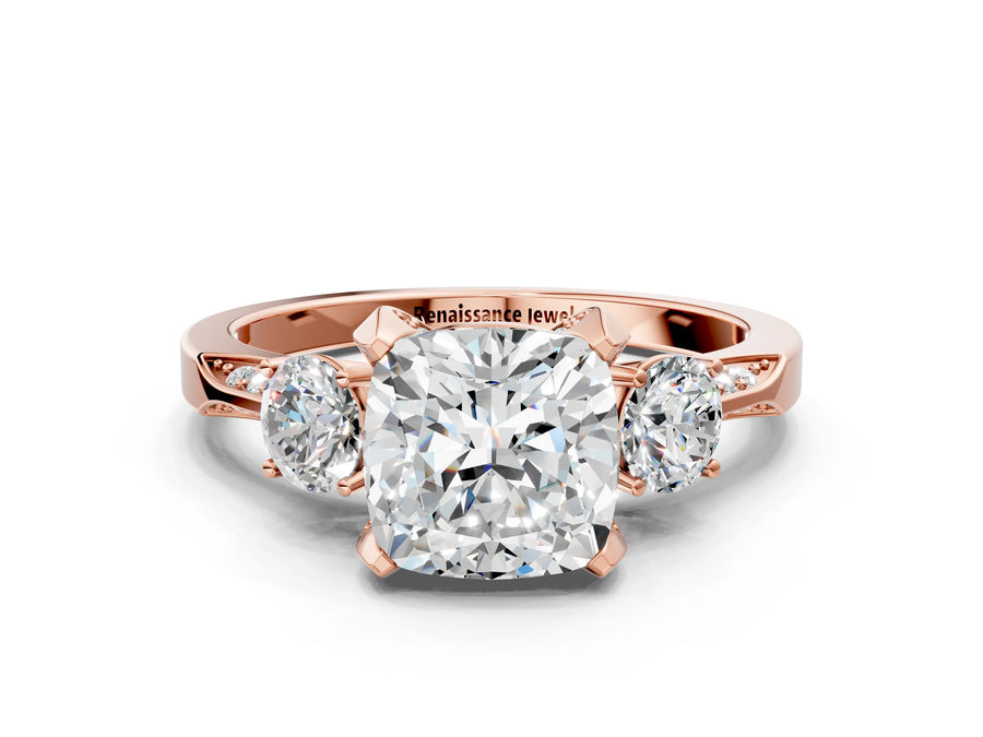 Rose gold Cushion Cut Brilliant Three-Stone Diamond Ring with Pavé Band and Four-Prong Setting